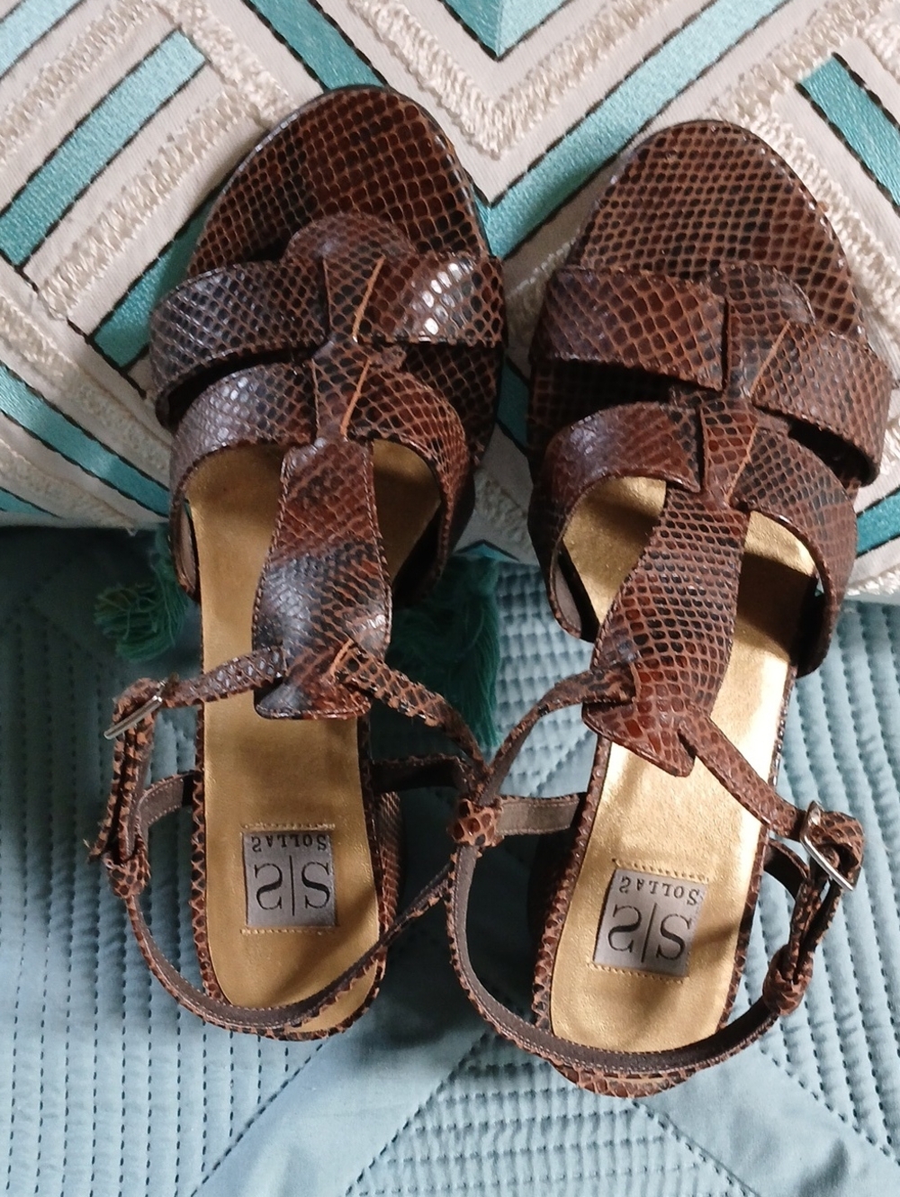 Vintage  Brown Snakeskin-Print Leather Heeled Sandals